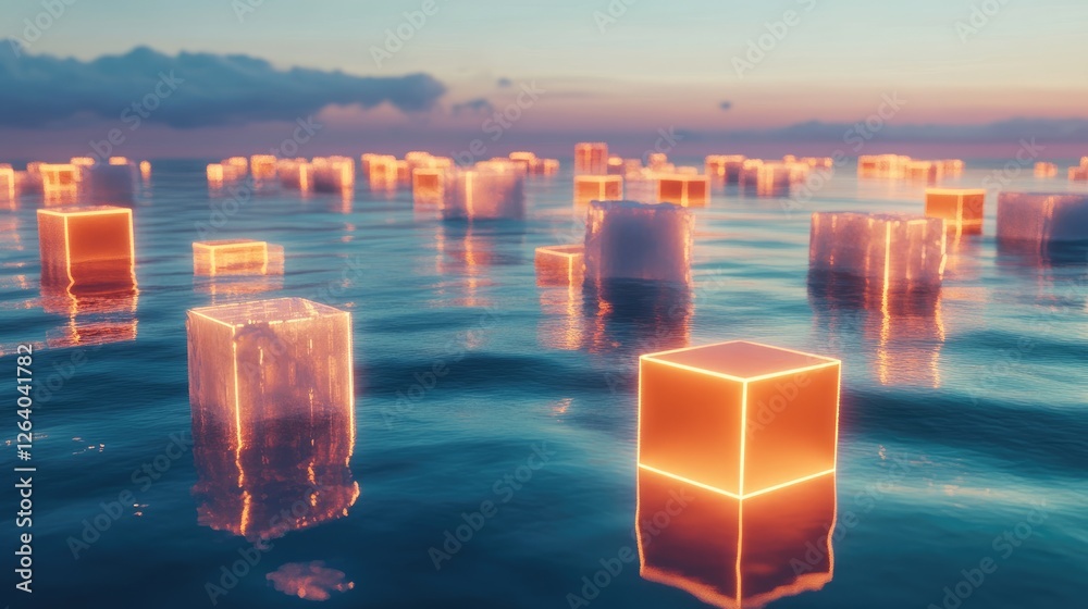 Aufkleber An intricate maze of glowing floating cubes above a reflective ocean, blending surreal fantasy with geometric design in a 3D environment.