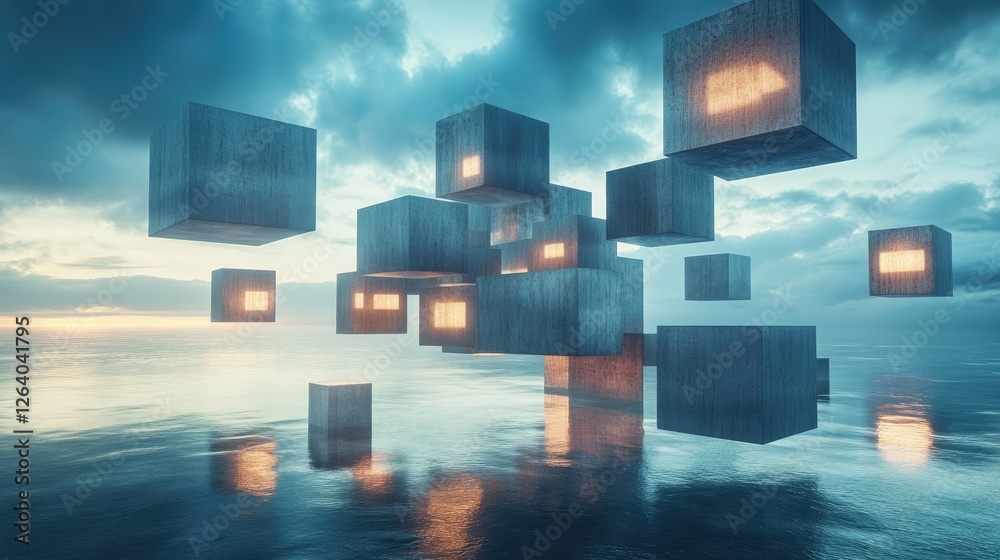 Aufkleber An intricate maze of glowing floating cubes above a reflective ocean, blending surreal fantasy with geometric design in a 3D environment.