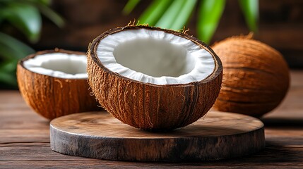 Three Coconuts, One Halved on a Wooden Coaster – Tropical Food Photography


