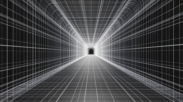 3D Wireframe Tunnel with Perspective Grid Background – Abstract Geometric Design with Optical Illusion of Spiral Motion. Cyber Grid Retro Futuristic Aesthetic, Sci-Fi Digital Landscape,  