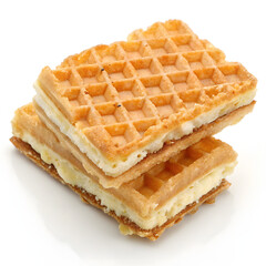 Stack of Waffle Sandwiches: Crispy waffles layered with a smooth, creamy filling. Delicious and golden brown.
