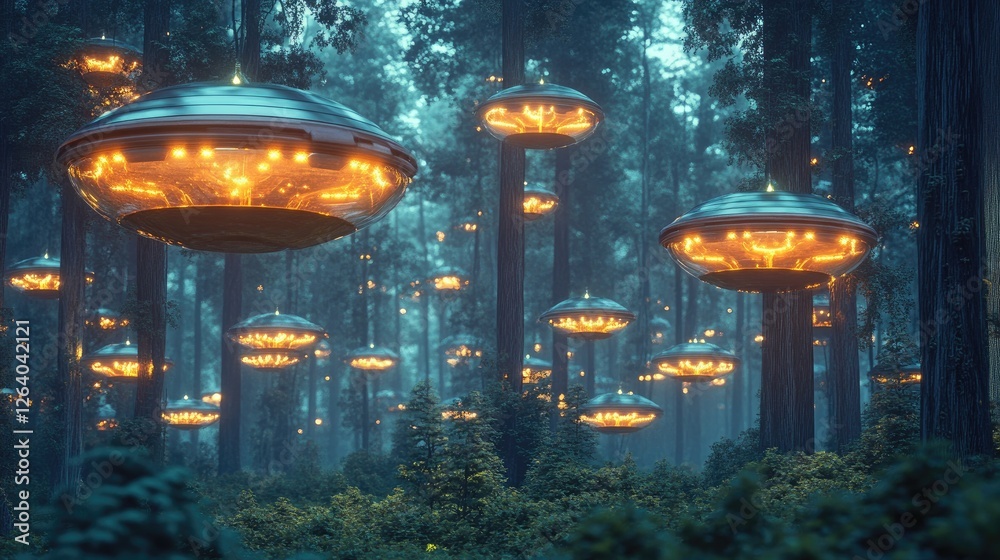 Poster floating futuristic pods glowing softly above an alien forest, filled with bioluminescent plants, cr