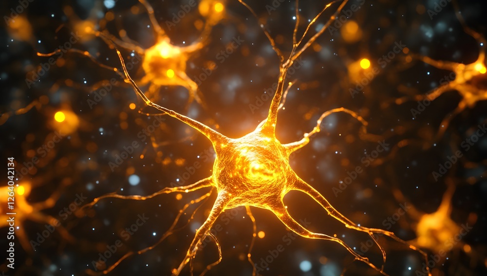 Poster neural network cells, microscopic view, glowing golden network, abstract background