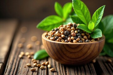 Wooden basket filled with dried herbs, plants, wooden, organic