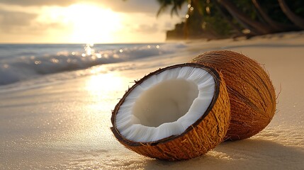 Split Coconut on Autumn Leaves – Seasonal Food Concept for AI Training

