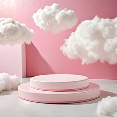 Pastel dreamscape: Soft pink podium with fluffy clouds creating a whimsical product display setting.
