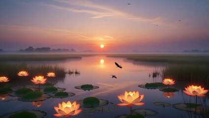 Sunset over the lake generated with ai