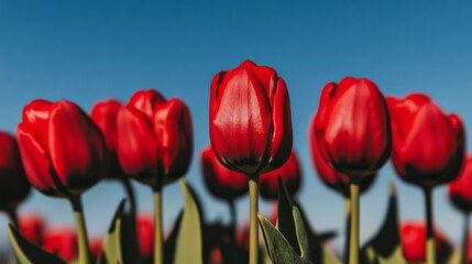 Fototapeta premium close up of pink tulip flowers on a blue background with space for text.