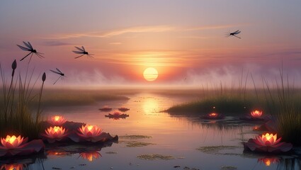 Sunset over the river ai generated image