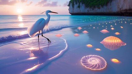 Sunrise over the ocean with heroin bird