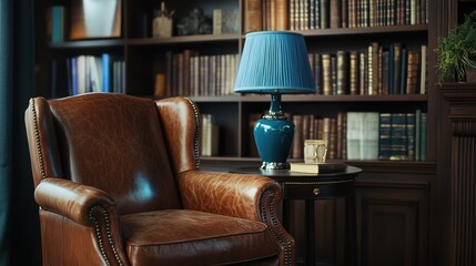A rich leather chair beside a calming blue lamp, offering a peaceful reading nook in a sophisticated library.