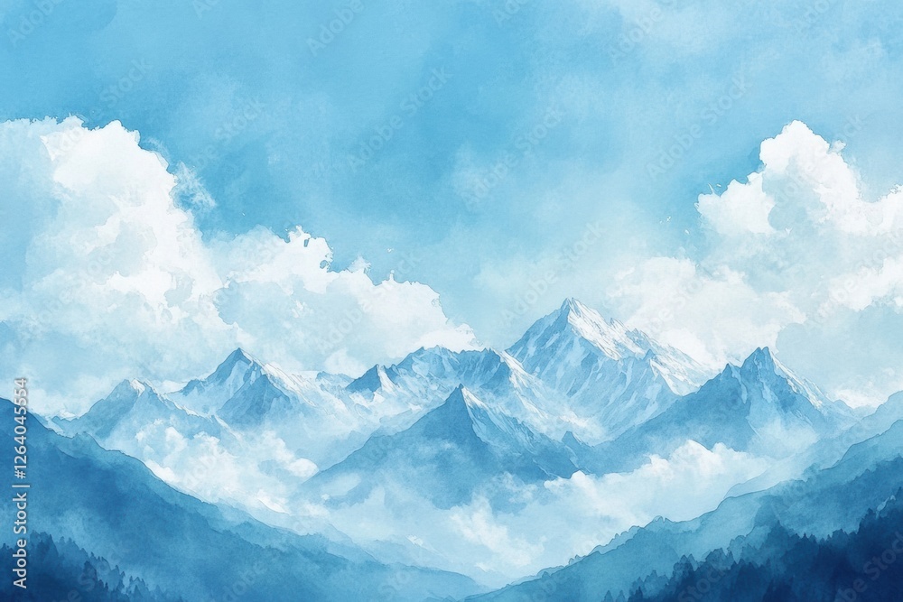 Poster majestic mountain range under a bright blue sky with fluffy clouds and mist covering the valleys. ge
