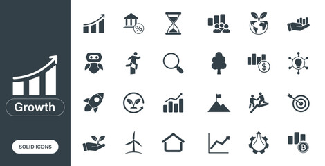 Solid vector icons on the theme of growth, charts, finance business, development.