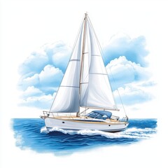 Sailboat on a Calm Sea with White Sails under Blue Sky and Fluffy Clouds in a Bright Illustrative Style