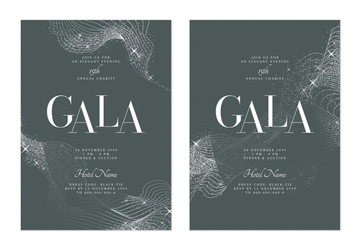 Charity gala dinner invitation features flowing, minimalist organic silver lines, shimmering silver on dark muted gray background, adding a touch of glamour