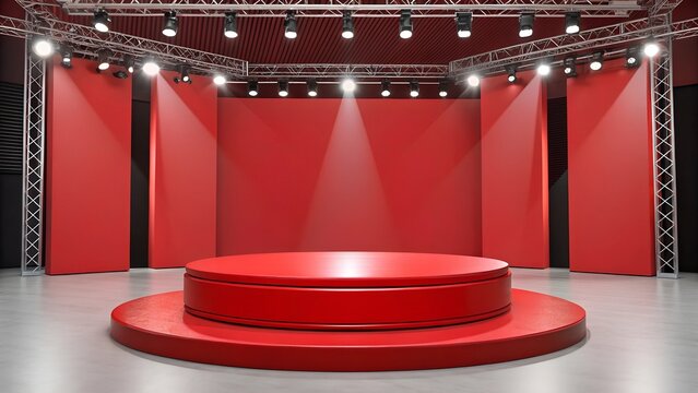 A modern stage setup with a red circular platform illuminated by spotlights, ready for a presentation.