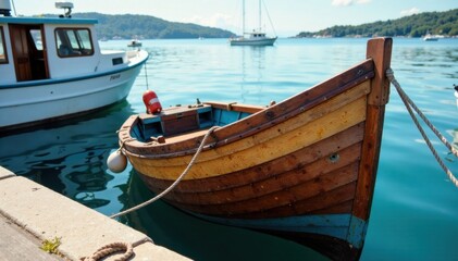 Fototapeta premium Wooden fishing boat docked in harbor with buoy, vintage boats, docks