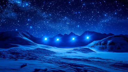 Naklejka premium A Starry Sky Illuminated by Blue Neon Spotlights, Casting a Glow Over the Snow-Covered Landscape