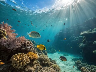 Naklejka premium Underwater Coral Reef Scene with Colorful Fish