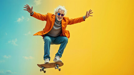 Happy gray-haired grandfather in fashionable bright clothes and multi-colored sunglasses performs jumping tricks on skateboard on bright multi-colored background