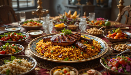 Lavish Ramadan Iftar Feast with Spiced Rice, Grilled Meat, and Traditional Middle Eastern Side Dishes