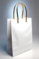 a close up of a white shopping bag with a gold handle