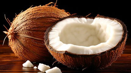 Fresh Split Coconut with Intact Husk Half Beside It – Tropical Food Photography

