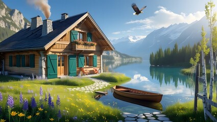 House on the river by the side of mountain