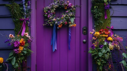 Fototapeta premium A serene purple door decorated with bright flowers and ribbons, creating a welcoming and magical atmosphere.