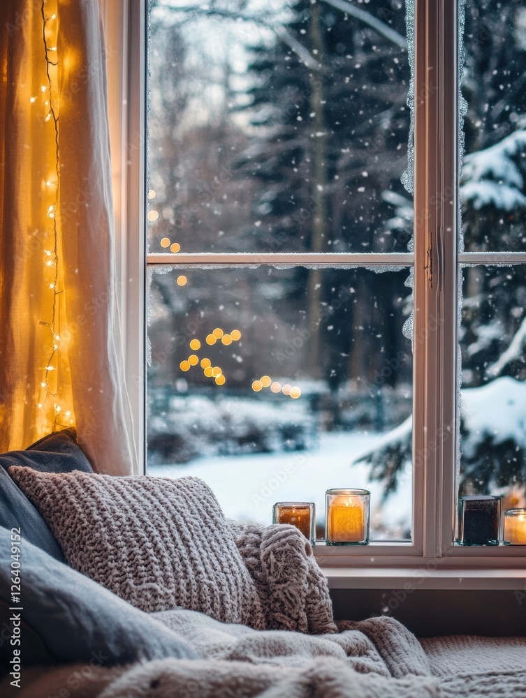 Poster cozy winter evening by the window with snow falling and warm lights shining in the background. gener