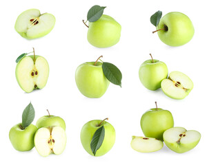 Fresh green apples isolated on white, set