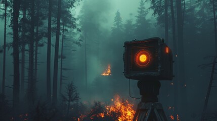 A high-tech AI surveillance device observes a wildfire spreading through a dense forest. The glowing red sensor contrasts with the dark, smoky atmosphere. AI generated.