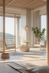 Fototapeta premium Serene Minimalist Living Room With Ocean View