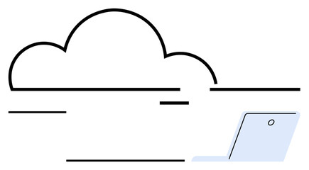 Cloud outline linked with a minimal laptop in clean line art style. Ideal for technology, cloud services, data storage, remote work, IT solutions, connectivity, abstract line flat metaphor