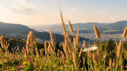Panoramic View of a Valley Town from a Mountaintop Wildflower Meadow at Sunset