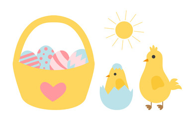 Flat cartoon illustration of a yellow chick and a hatching baby chick near an Easter basket filled with colorful eggs under the sun