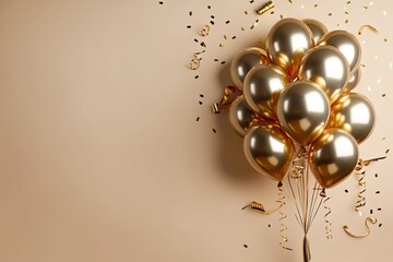 Obraz premium Gold metallic balloons with copy space on light backgrounds for a birthday, Anniversaries, and holiday celebrations