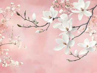 Fototapeta premium White magnolia flowers, branches, and leaves on a soft pink background