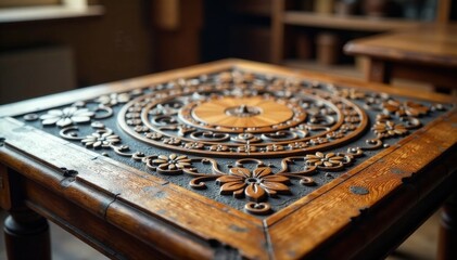 Wooden table with intricate carvings, walnut wood, wooden art, ornate design