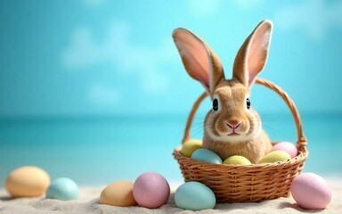 Easter Rabbit and Basket of Colorful Eggs.