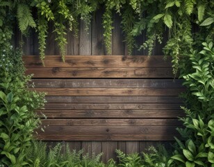 Naklejka premium Wood Plank Background with Overgrown Vegetation, earthy, woods, bushes