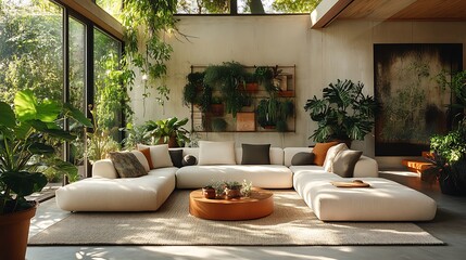 Green living room filled with indoor plants natural materials and eco friendly furniture creating a sustainable and rejuvenating space