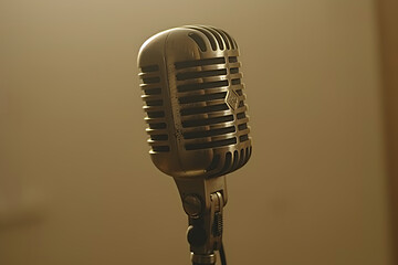 retro microphone, a classic-looking handheld microphone with metallic detailing set against a plain white backdrop, epitomizing vintage performance mics