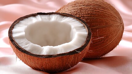 Halved Coconut with White Flesh Beside Whole Coconut on Natural Brown Husk