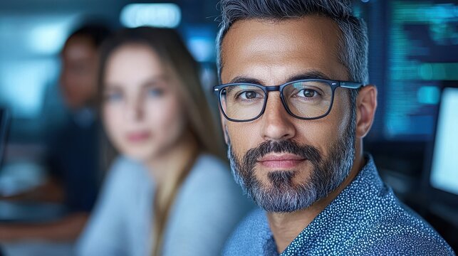 Experienced Coding Mentor Guiding Professional on Python Programming in Office Environment  Bearded Man Wearing Glasses Teaches Computer Skills and Technology Development