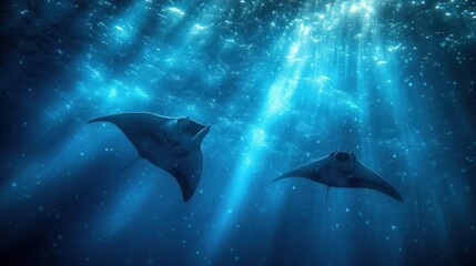 Two manta rays swimming underwater