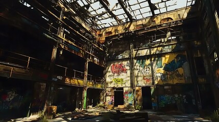 A decaying New York-style industrial building with graffiti-covered walls, rusted metal beams, and shattered skylights