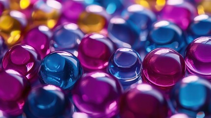 Close-up view of colorful gel beads in vibrant hues of pink, blue, and yellow, creating a visually striking abstract background