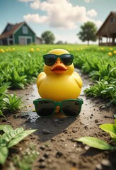 Yellow rubber duck in sunglasses on a green farm background, rubber duck, symbol, farm animal