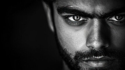 Close-up portrait of a focused man with intense expression, showcasing detailed facial features and dramatic lighting